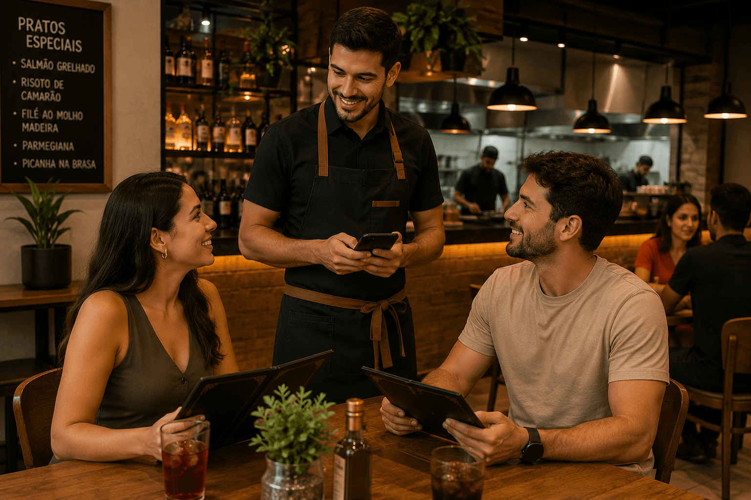 Garçom anotando pedido pelo celular na mesa de um restaurante, exemplo do TJ Sistemas em uso