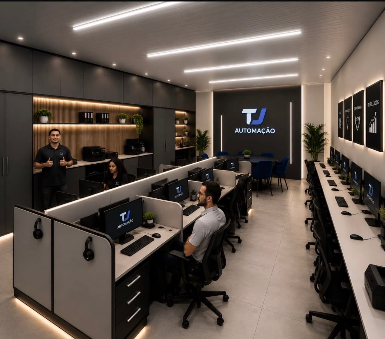 Equipe TJ Automação atendendo no escritório